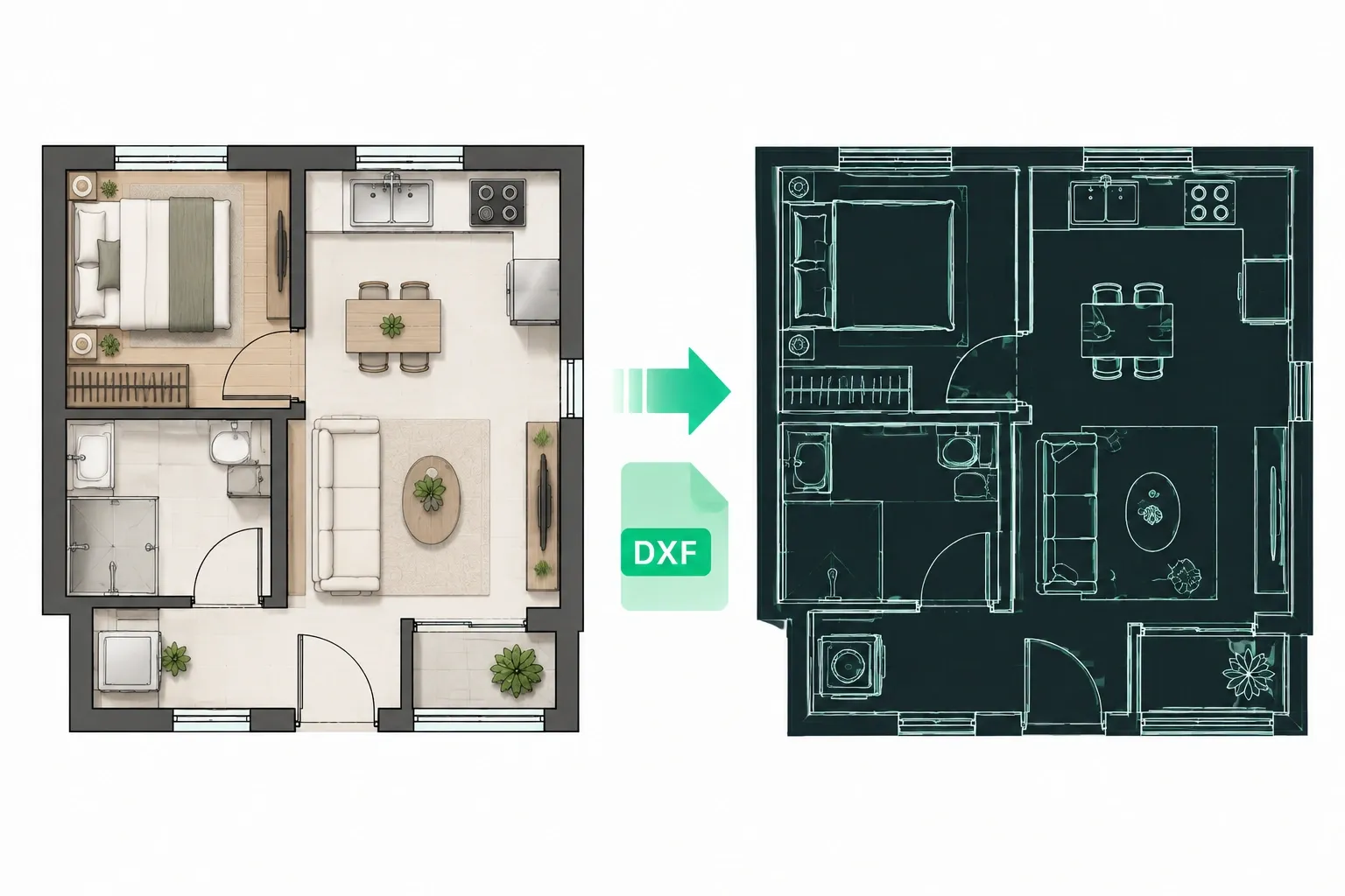 Small apartment floor plan converted to DXF
