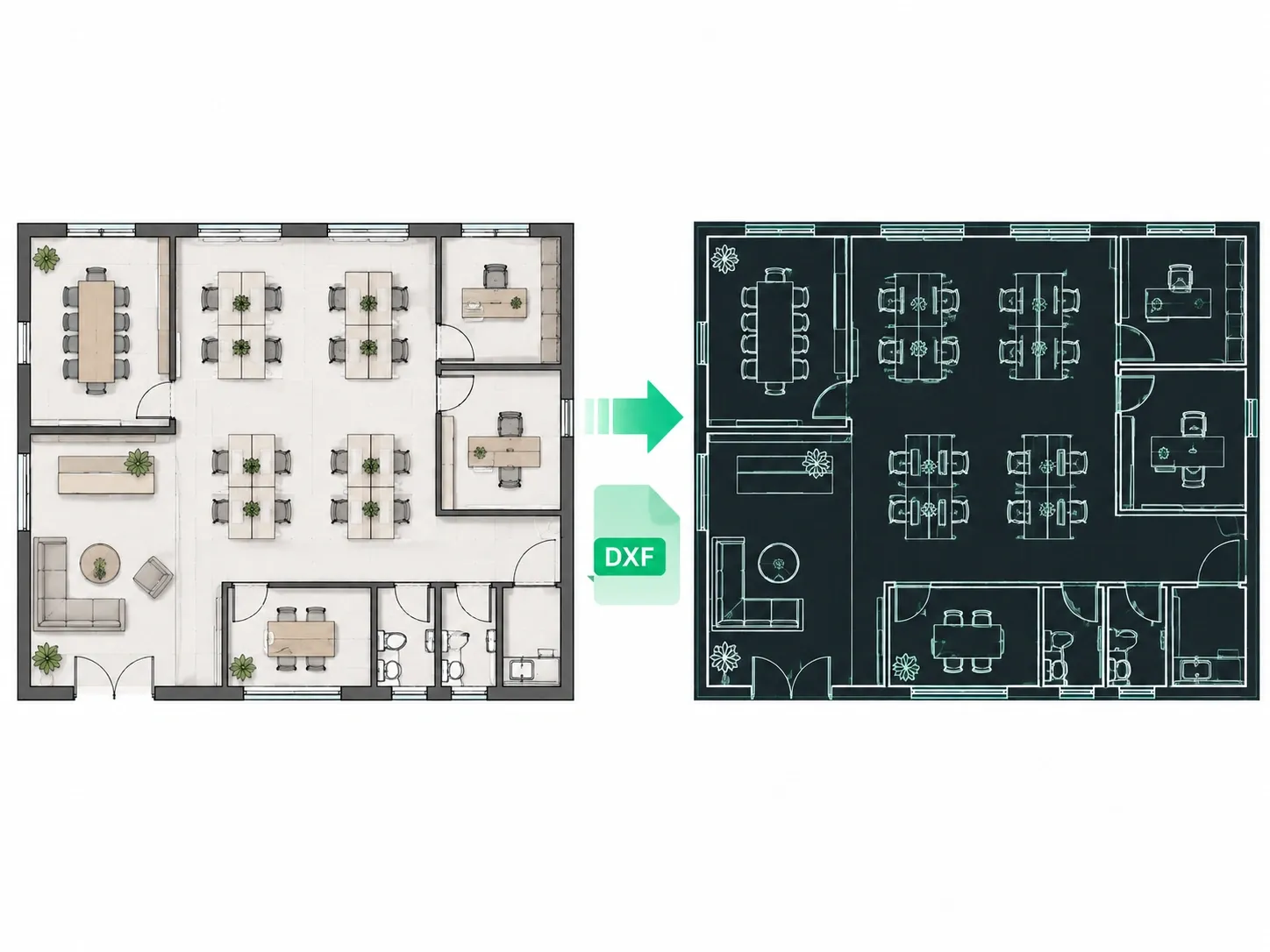 Office floor plan converted to DXF