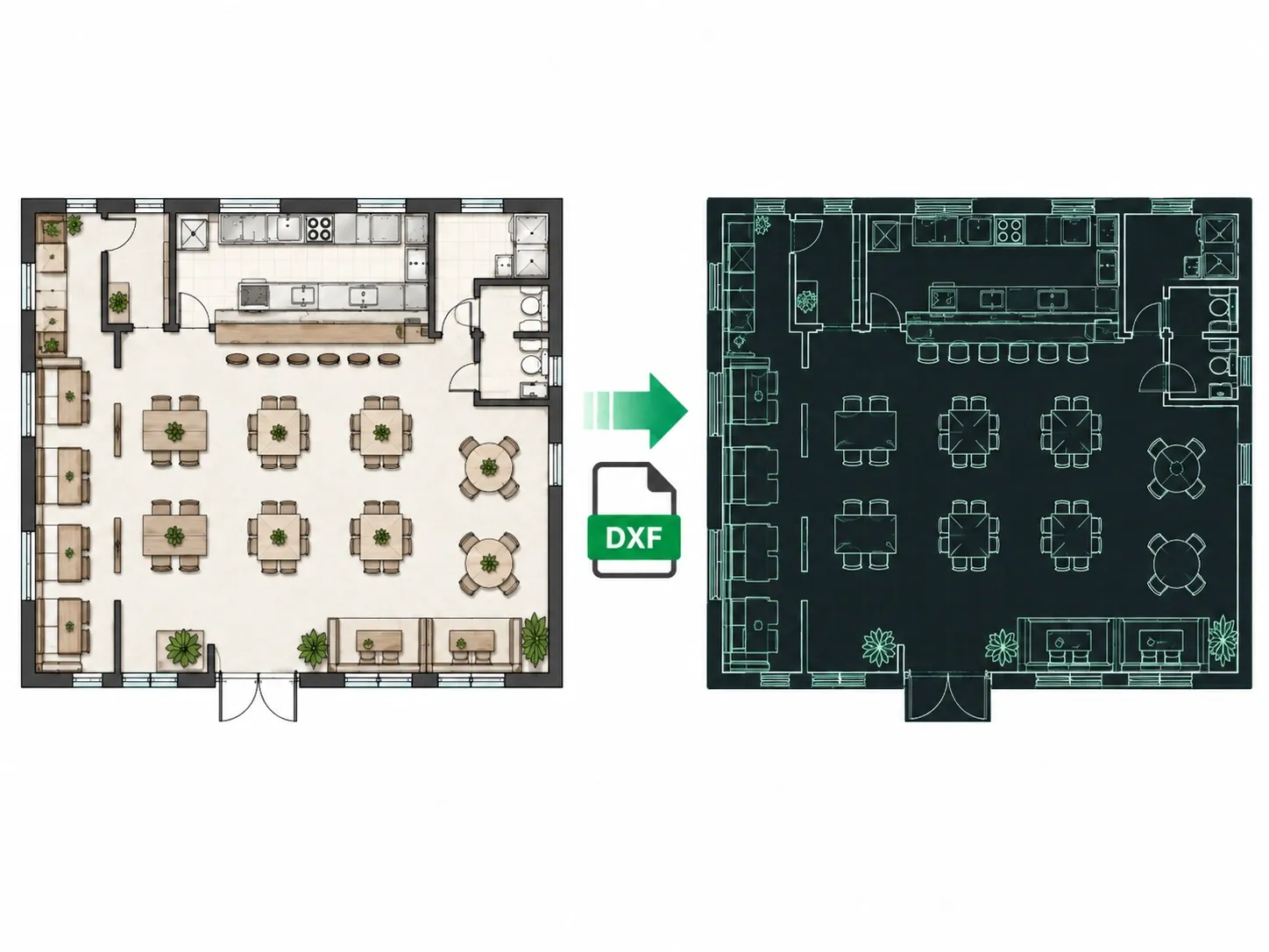 Restaurant floor plan converted to DXF