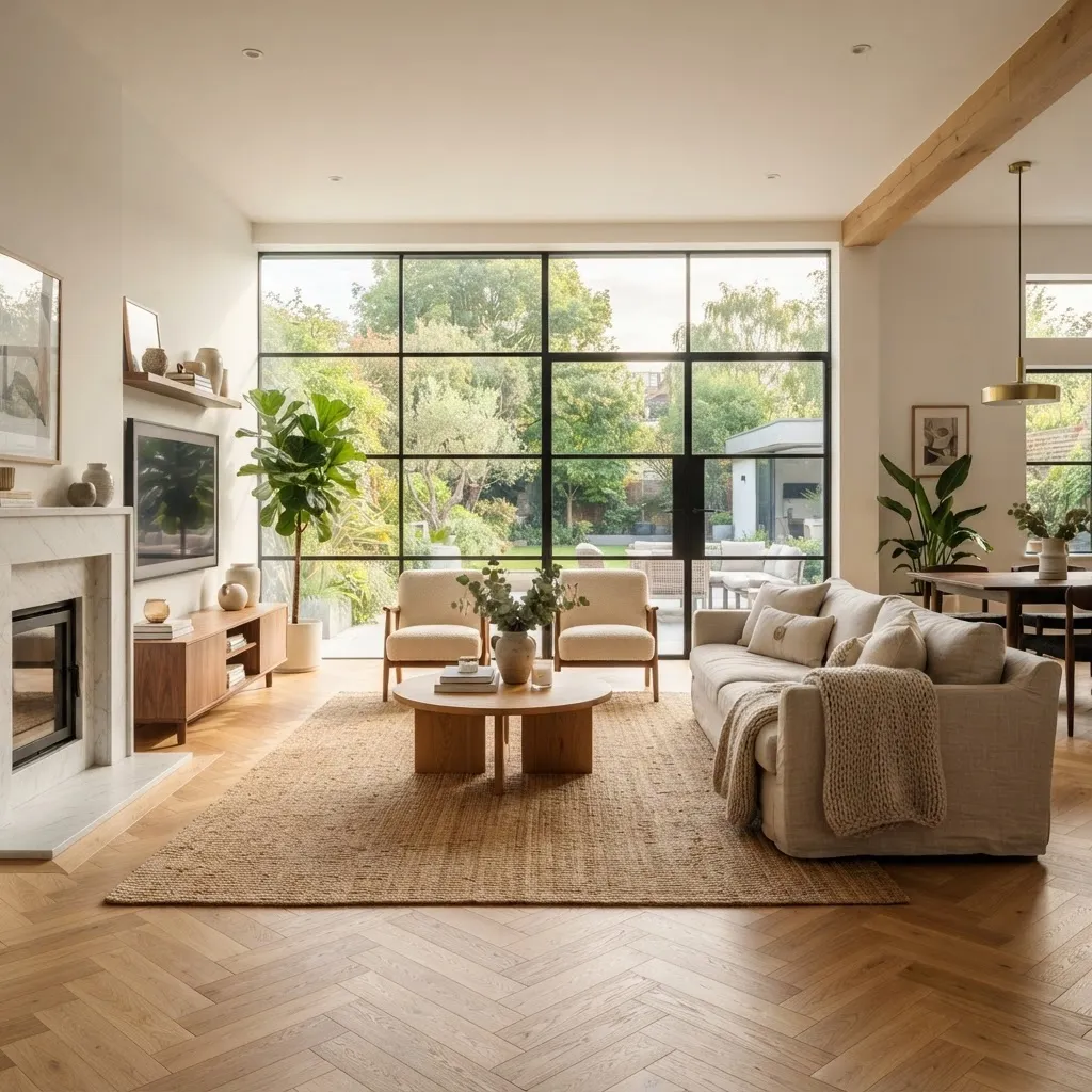 Modern hardwood flooring ideas in a warm living room